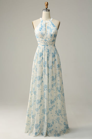 Blå Floral Boho Long Chiffon brudepike kjole